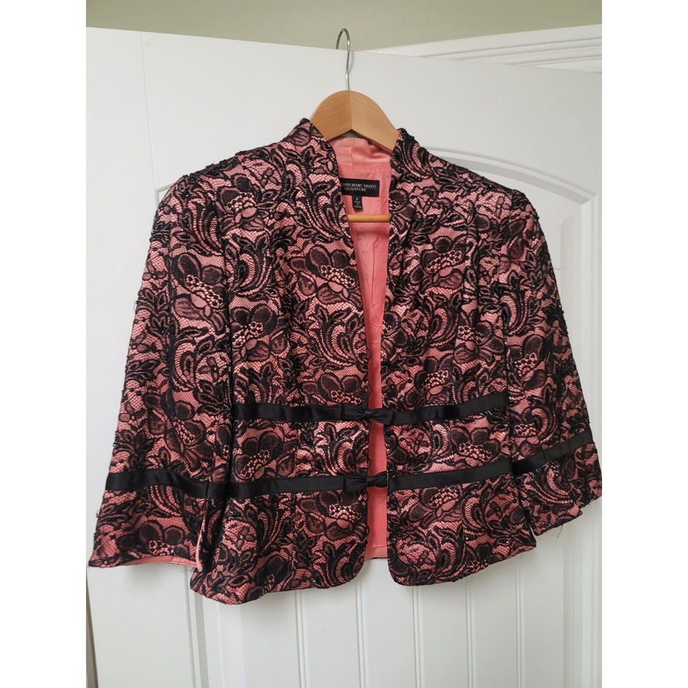 Carmen Marc Valvo Beaded Lace Evening Formal Blazer Jacket, Pink/Black Size 8